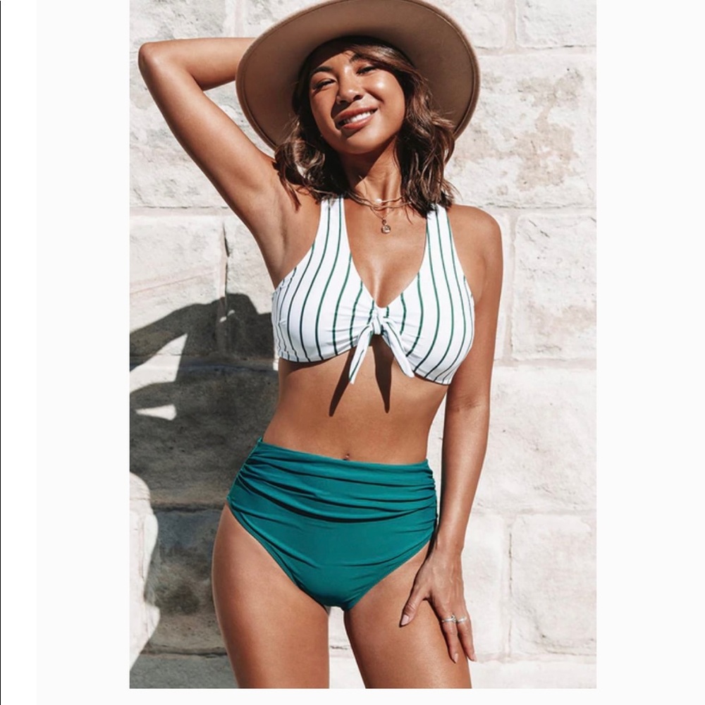 Cupshe Teal Solid and Striped Bikini Set